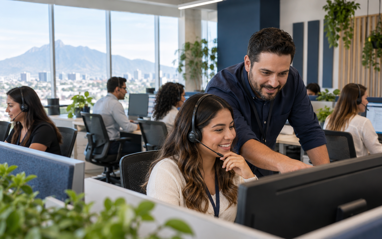 Contact center team collaborating in a bright, modern operation