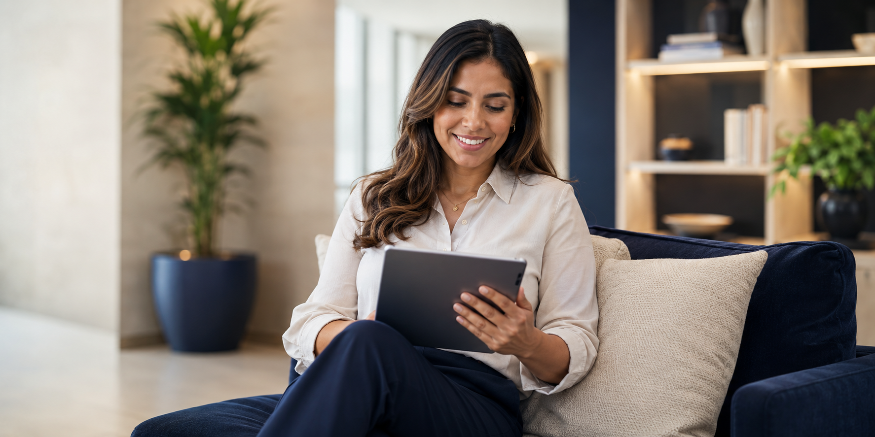 Satisfied customer smiling while using a tablet